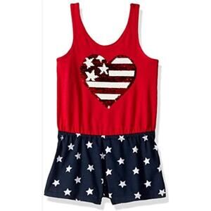 Girl's Patriotic USA Heart Red White Blue Romper Short Tank 7/8 Medium